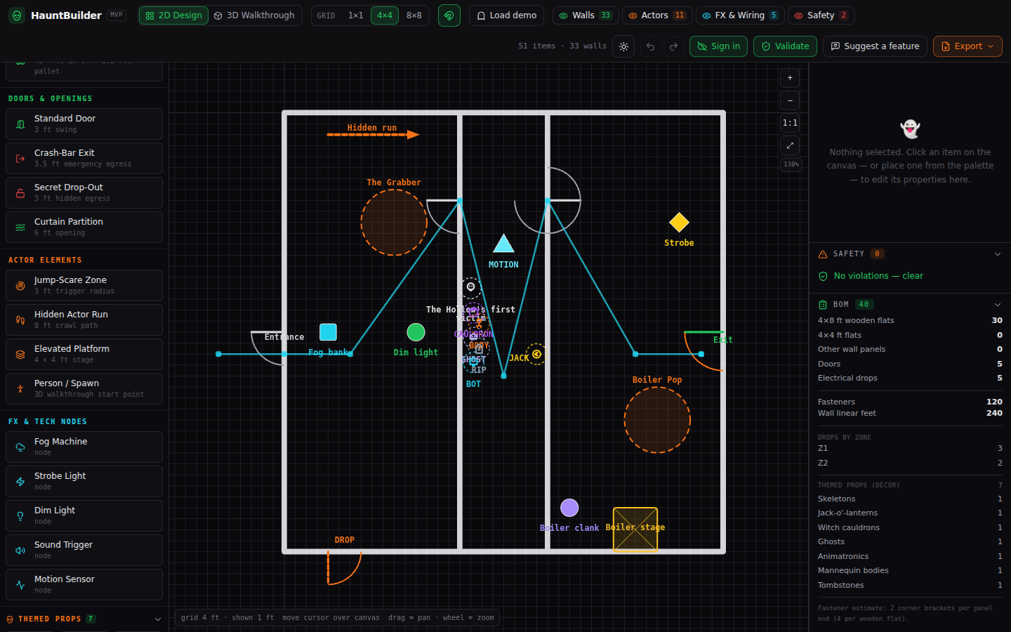 HauntBuilder 2D floor-plan editor with the demo haunt loaded