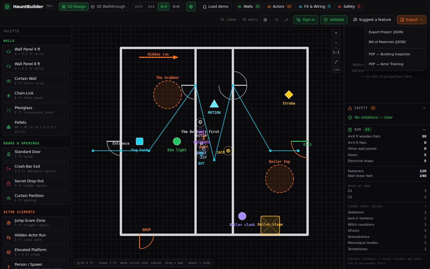 HauntBuilder export menu and auto-counted bill of materials